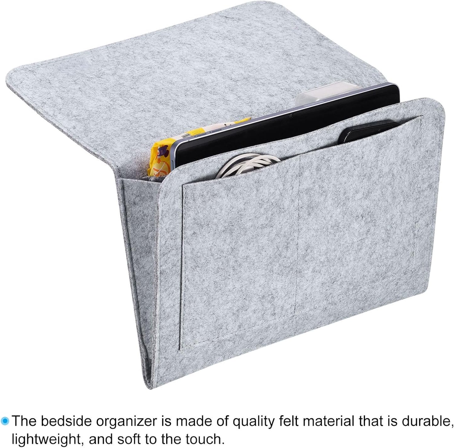 13In Bedside Caddy, Bed Caddy Bedside Organizer Hanging 5 Pocket Soft Bed Pockets Bedside Storage Organizer Remote Control Holder for Bedroom Phones Glasses, Light Grey