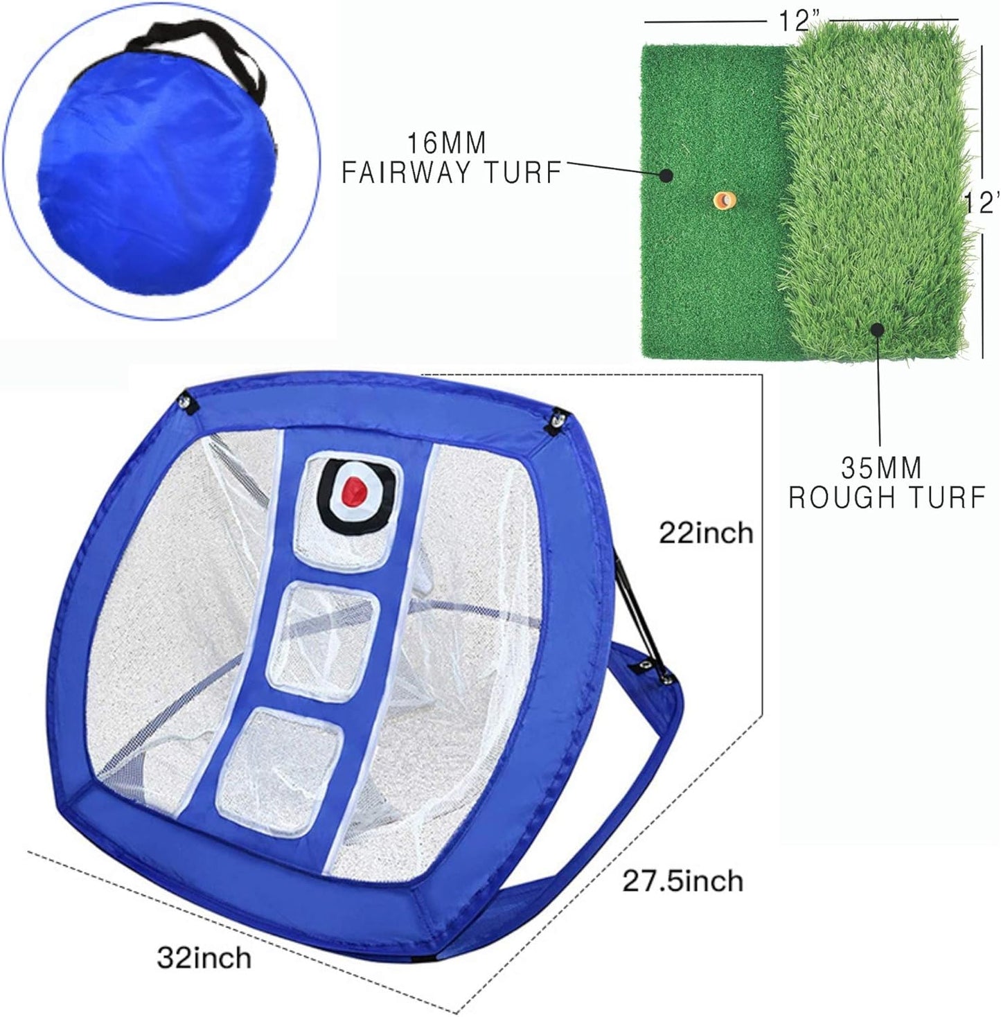 Pop up Golf Chipping Net with Dual-Lie Turf - Indoor/Outdoor Golf Net - Golf Game with Rubber Mat and Golf Practice Net - Golf Training Accessory with 12 Foam Golf Balls and Golf Tee…