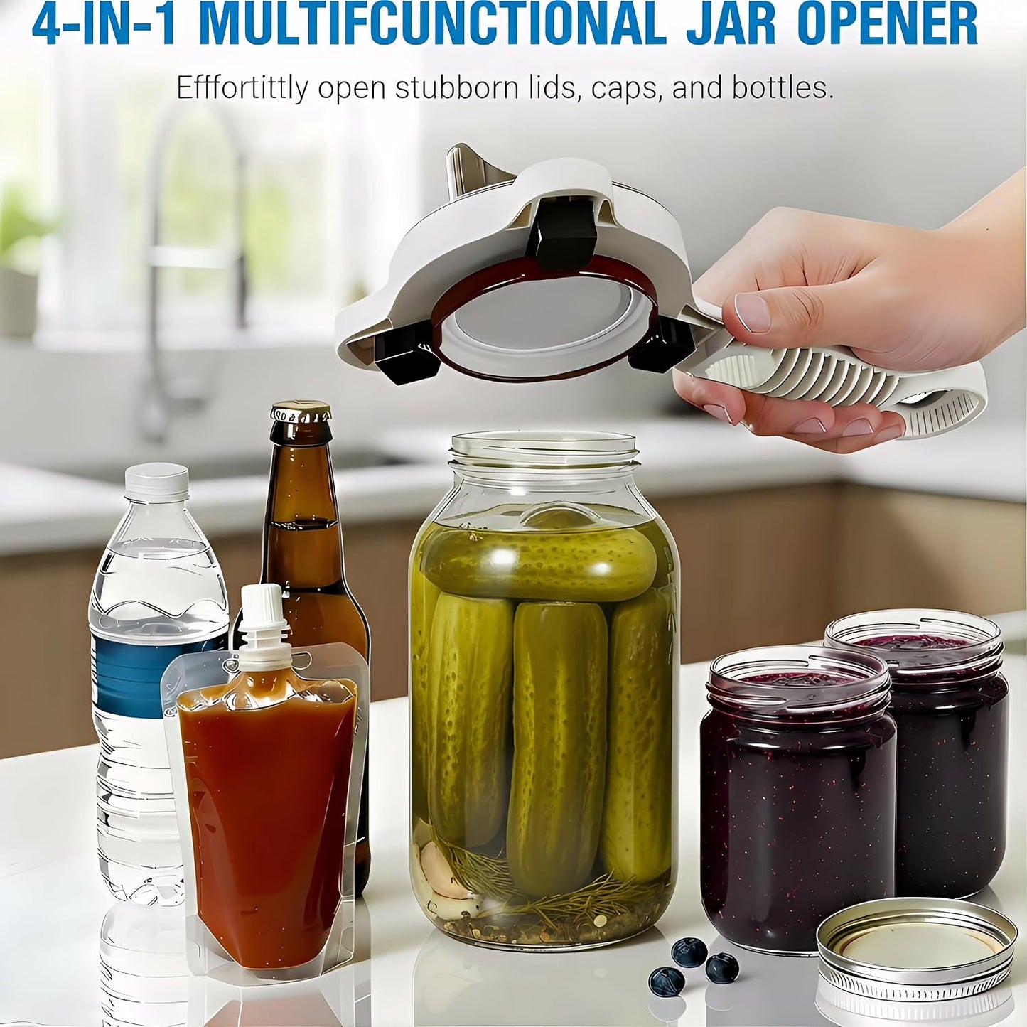 4-In-1 Adjustable Jar Opener – Stainless Steel Lid & Bottle Opener, Heavy Duty Easy Grip for Weak Hands, Fits 1–4 Inch Caps, Kitchen Tool for Seniors & Arthritis (Green)