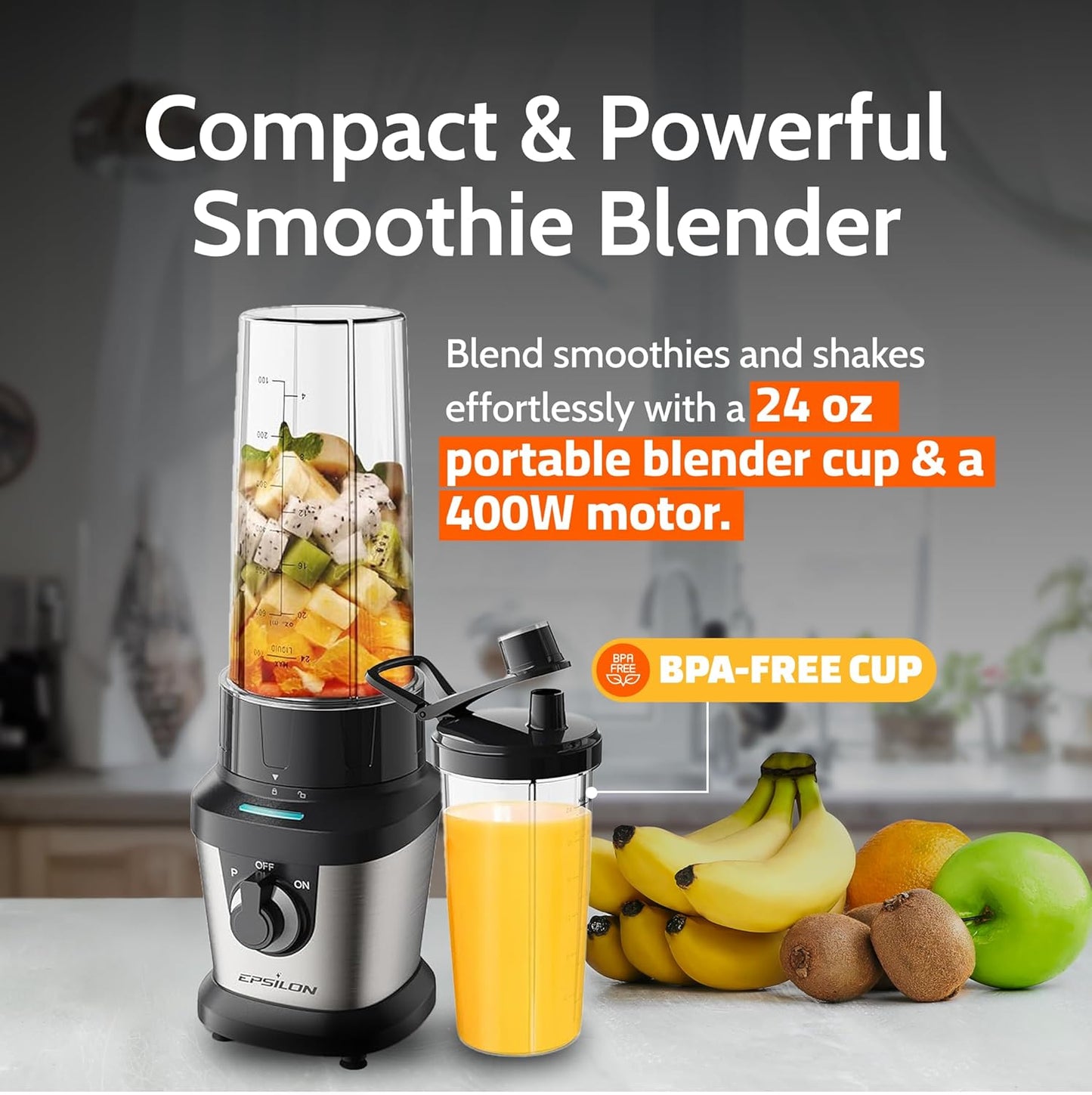 Portable Blender for Shakes and Smoothies – 400W Personal Blender with 24Oz Portable Bottle, Electric Personal Blender Bottle with 4-Blade Assembly, Travel-Friendly and Bpa-Free