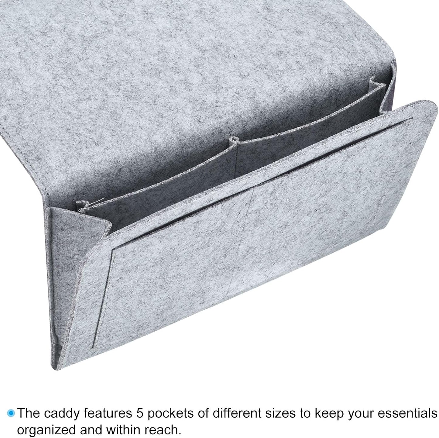 13In Bedside Caddy, Bed Caddy Bedside Organizer Hanging 5 Pocket Soft Bed Pockets Bedside Storage Organizer Remote Control Holder for Bedroom Phones Glasses, Light Grey